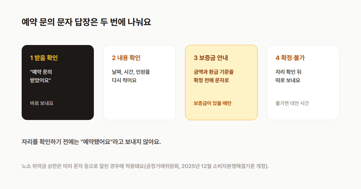 예약 문의 문자 답장 네 단계: 받음 확인, 내용 확인, 보증금과 환급 기준 안내, 확정 또는 불가 안내