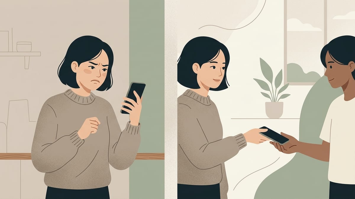 전화기를 들고 인상을 쓰는 사람과 그 옆의 조용한 스마트폰 일러스트
